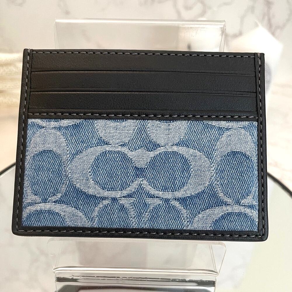 COACH Slim ID Card Case in Signature Denim, Black Leather Trim NWT